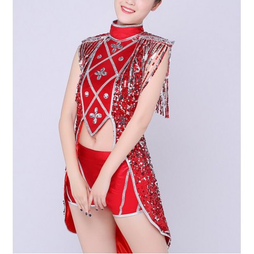 Red paillette Jazz Dance Stage Costumes For Singers Hip Hop Dance Costume Female Ds Dj Rhinestone tuxedo tops Nightclub Dresses